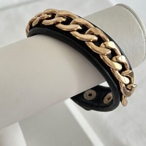 Sheng Tong Black Faux Leather and Gold tone Chain Bracelet